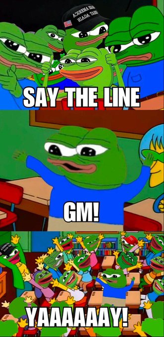 The meme shows Pepe the frog characters in a classroom setting, with one character saying "GM!" to a cheering crowd. This directly relates to the accompanying "Gm" post, highlighting a popular internet greeting.