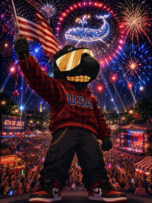A digital illustration of a cartoon character wearing ski goggles and a 'USA' plaid hoodie holding an American flag at a '4TH OF JULY CELEBRATION' with fireworks and a large crowd below.