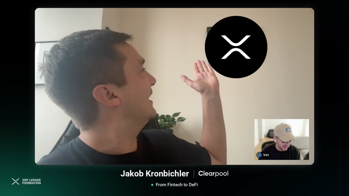 A video call screenshot showing Jakob Kronbichler from Clearpool on a webinar titled 'From Fintech to DeFi' presented by the XRP Ledger Foundation, with another participant labeled 'Vet' visible in a smaller window.