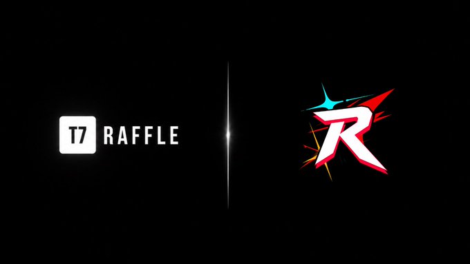 A promotional banner on a black background showing the TradingView 'RAFFLE' logo next to a stylized red 'R' logo separated by a bright vertical light.