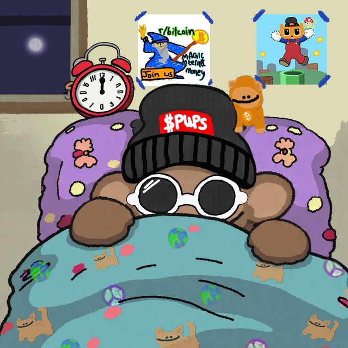 A cartoon monkey wearing a black "$PUPS" cap and sunglasses sleeps cozily under a planet-patterned blanket, surrounded by crypto references including a "$bitcoin" poster with a wizard that reads "Join us Magic Money" and a Pepe-like character emerging from a green pipe. The image playfully captures the caption's "sleeping comfy" sentiment by depicting the $PUPS mascot in a peaceful slumber amid its memecoin and rune-inspired surroundings.