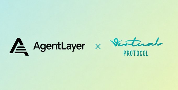 A promotional banner with a gradient background showing the logos for "AgentLayer" and "Virtual Protocol" separated by an x.