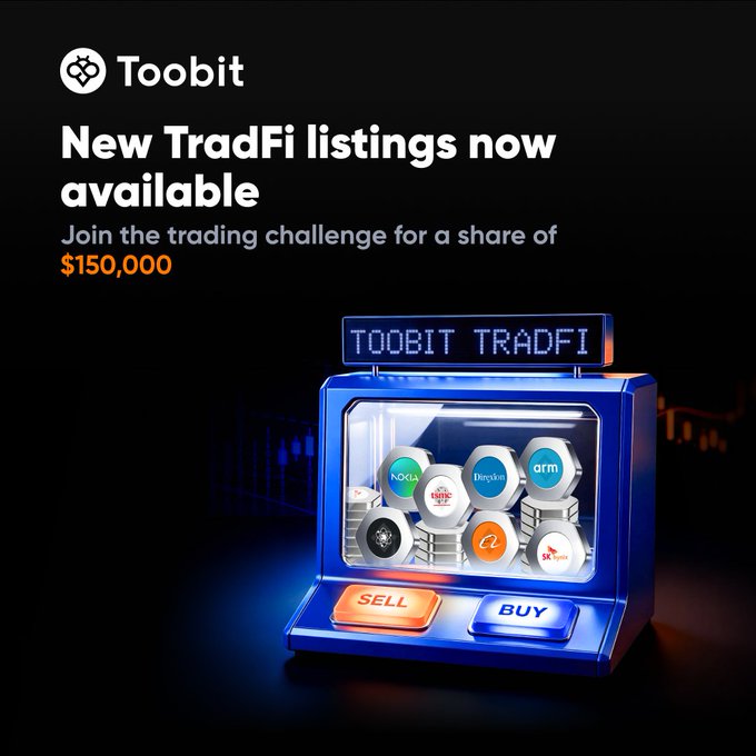 A Toobit promotional graphic announcing new TradFi listings, featuring a 3D vending machine labeled "TOOBIT TRADFI" filled with coin tokens for companies like NVIDIA, D-Wave, ARM, TSMC, Google, a, and Palantir, with "SELL" and "BUY" buttons below and "$150,000" highlighted as the trading challenge reward.