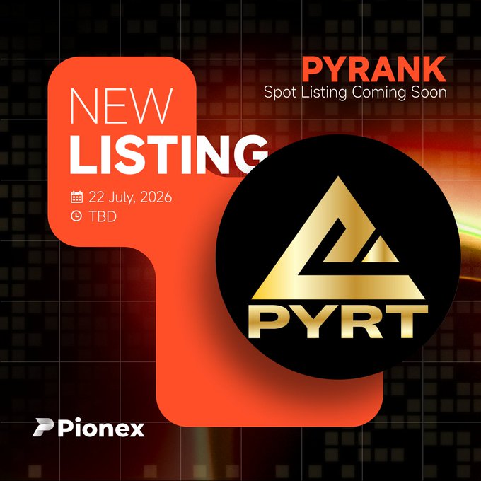 A promotional graphic from Pionex announcing a new listing, featuring the $PYRT (PYRANK) token's gold pyramid logo alongside an orange banner displaying "NEW LISTING" with the date "22 July, 2026." The text "PYRANK - Spot Listing Coming Soon" appears at the top, visually supporting the announcement of the utility token's upcoming availability on the exchange.