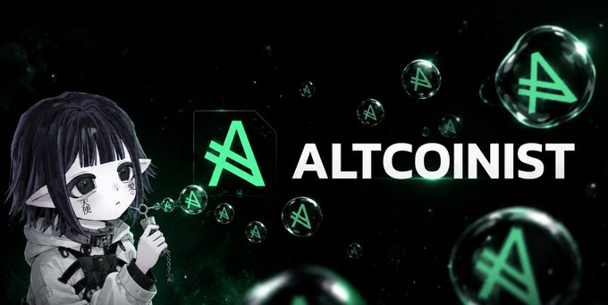 An anime-style character with dark hair blows bubbles featuring the "A" logo of Altcoinist, alongside the text "ALTCOINIST" set against a dark green cosmic background, promoting the platform's $ALTT cashback token that has surged over 50% as highlighted in the accompanying post.