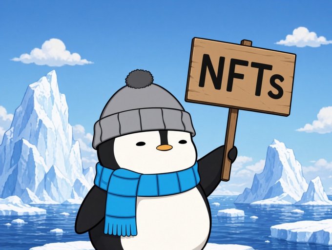 Cartoon illustration of a penguin wearing a gray beanie and blue scarf, holding a wooden sign that reads 'NFTs' in an icy landscape with icebergs.