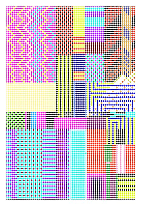 Colorful abstract digital artwork composed of densely packed multicolored dots arranged in geometric grid patterns.