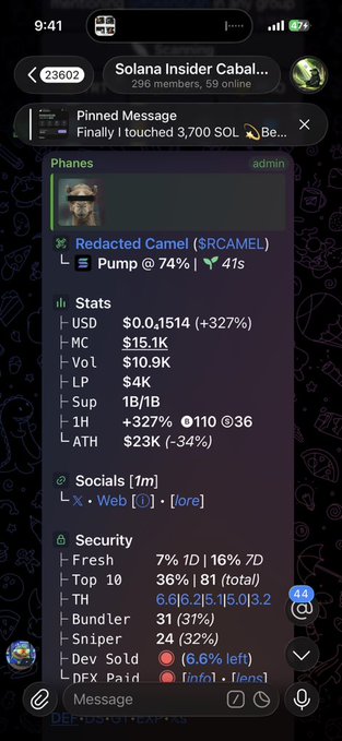 A mobile Telegram chat for 'Solana Insider Cabal' shows a pinned message about 'Redacted Camel ($RCAMEL)' with its stats, including a USD price of $0,1514 (+327%) and a market cap of 15.1K.