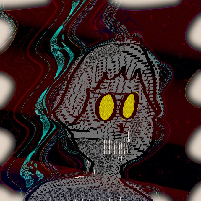 A distorted, glitch-art style portrait of a hooded figure with glowing yellow eyes set against a dark red background with cyan wavy distortions.