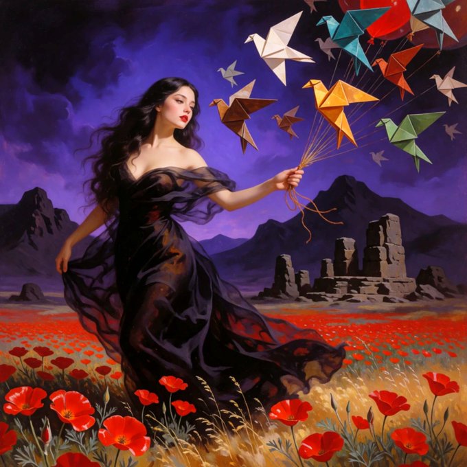 Digital painting of a dark-haired woman in a flowing black dress holding a bouquet of colorful origami birds in a poppy field with mountains and ancient ruins under a dramatic purple sky.