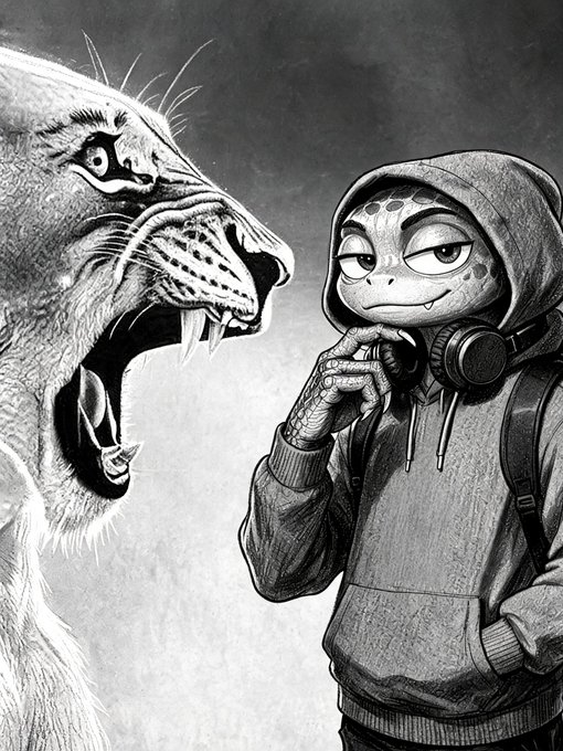 A black and white illustration of an anthropomorphic lizard/reptile character in a hoodie with headphones around the neck, calmly holding a small object while a roaring lion with bared fangs looms beside it.