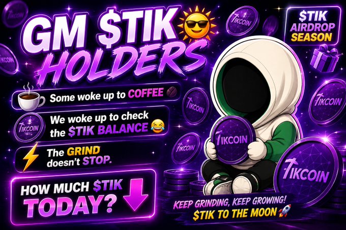 A promotional graphic titled 'GM $TIK HOLDERS' advertising the '$TIK AIRDROP SEASON' for TikCoin, featuring a cartoon mascot holding a coin.