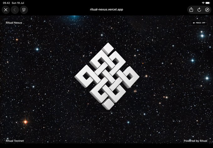 Ritual Nexus app on ritual-nexus.vercel.app displaying a stylized white endless knot logo against a starry cosmic background, labeled 'Ritual Testnet' with 'MUSIC OFF' in the corner.