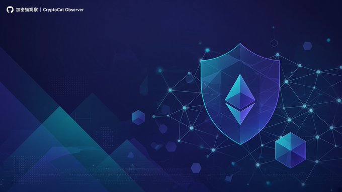 Digital graphic with Chinese text '加密觀察 | CryptoCat Observer' featuring an Ethereum shield logo surrounded by geometric shapes and a network of connected nodes on a dark blue background.