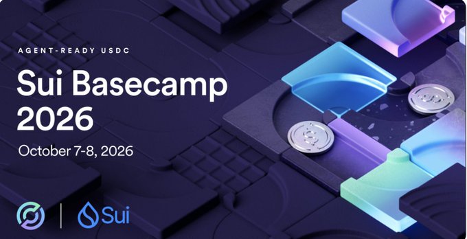 Promotional graphic for 'Sui Basecamp 2026' scheduled for October 7-8, 2026, featuring an 'Agent-Ready USDC' tagline and the Sui blockchain logo.