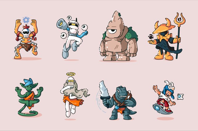 Eight cartoon character designs displayed on a pink background, featuring various fantasy creatures including a cyclops, a robot, a stone golem, and a jester.