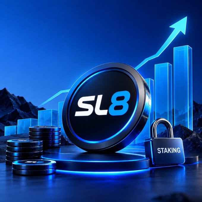 A glossy blue promotional graphic features a large “SL8” coin, stacks of crypto tokens, a padlock labeled “STAKING,” and rising bars with an upward arrow. It illustrates the post’s focus on SL8 staking rewards, including up to 62.6% APY, weekly-compounding and daily coin rewards, plus 10g Silver/Gold badges on eligible 180D/360D tiers.