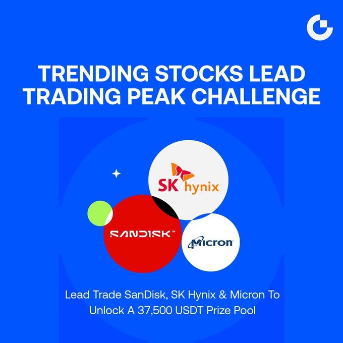 A promotional graphic for a "Trending Stocks Lead Trading Peak Challenge" featuring the logos of SanDisk, SK Hynix, and Micron arranged in overlapping circles on a blue background, advertising a shared 37,500 USDT prize pool for traders who lead trade these trending chip stocks.