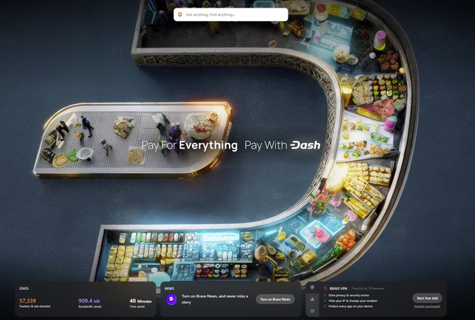 The image features a website with an advertisement for PayForEverythingPayWithDash, which appears to be a mobile app or online store selling various items such as food and drinks. The website has a unique design that resembles a curved letter "J" shape, giving it a creative and eye-catching appearance. The post on the website encourages users to pay for everything with Dash, promoting the app's functionality and convenience.