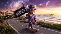 A surreal digital illustration of a purple-tiled Bored Ape-style character holding a "PONDO" flag while riding a skateboard down a coastal road at sunset.
