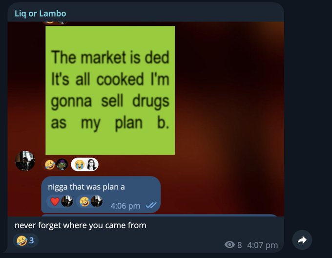 A Discord-style chat screenshot showing a humorous exchange about the market being dead, with messages including 'The market is ded' and 'never forget where you came from'.