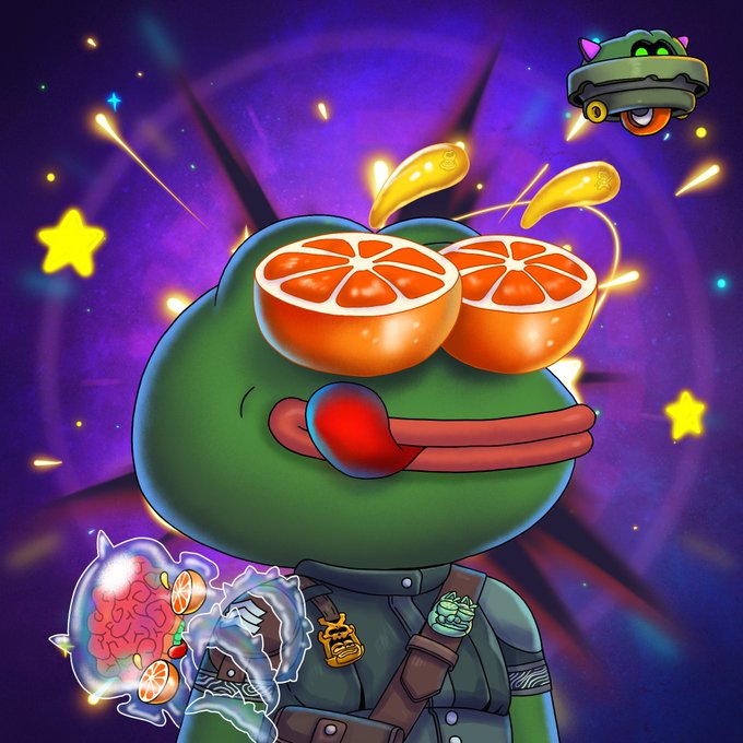 A digital illustration of a green cartoon frog character with orange slice eyes, holding a glowing brain in a jar, with a small flying drone companion against a starry purple background.