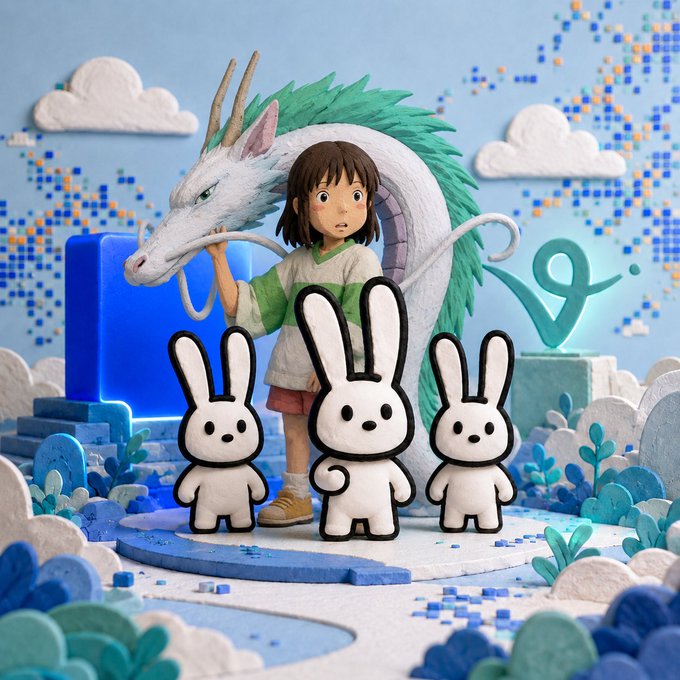 A whimsical claymation-style figurine scene showing a girl with a large green and white dragon, surrounded by three white rabbit characters in a pastel-colored landscape with clouds and blue mosaic accents.