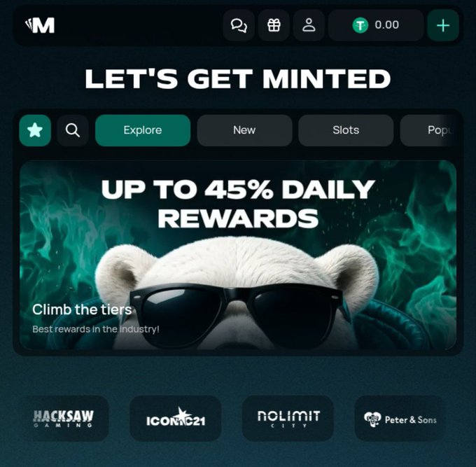A Mint platform screenshot displaying "LET'S GET MINTED" with a banner reading "UP TO 45% DAILY REWARDS" and a bear in sunglasses, showing game providers like Hacksaw Gaming and Nolimit City.