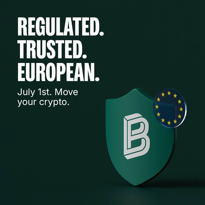 A dark green promotional graphic features a 3D shield emblazoned with a stylized "B" alongside a European Union flag emblem, paired with the bold text "REGULATED. TRUSTED. EUROPEAN." and a call to action reading "July 1st. Move your crypto."

The image aligns with the post by highlighting Bitpanda's readiness for MiCA regulations taking full effect on July 1st, emphasizing their regulated, trusted European status as a key reason the user continues to support the platform since their first ETH purchase in early 2021.