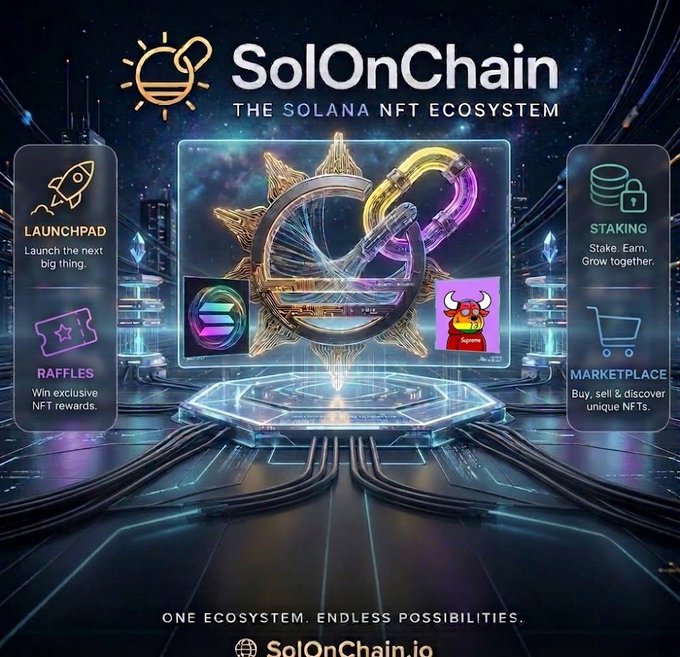 A promotional graphic for "SolOnChain - THE SOLANA NFT ECOSYSTEM" featuring a central glowing emblem and sections labeled Launchpad, Raffles, Staking, and Marketplace, with the tagline "ONE ECOSYSTEM. ENDLESS POSSIBILITIES." and URL "SolOnChain.io".