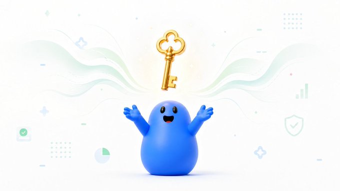 A 3D-rendered blue blob character with raised arms smiles as a glowing golden key floats above it against a light background with data graphics.