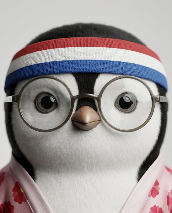 The image features a penguin wearing glasses and a pink shirt with red flowers. The penguin has a band around its neck that matches the colors of the band on the headband. The background appears to be white, which contrasts with the colorful elements in the foreground. The text "Pudgy Penguins is where community, culture, and IP collide" suggests that this image might be related to an advertisement or social media post promoting a product or service involving penguins wearing glasses and bandanas.