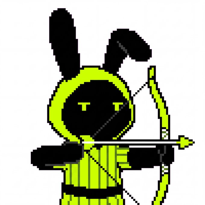 Pixel art style image of a character in a green hood and outfit drawing a bow and arrow, with black rabbit-like ears on the hood.