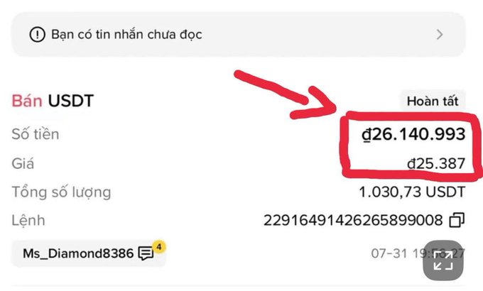 A mobile app transaction confirmation screen in Vietnamese showing a USDT sale completed (Hoàn tất) for d26.140.993 at a price of d25.387, totaling 1,030.73 USDT, sent from Ms_Diamond8386 on 07-31.