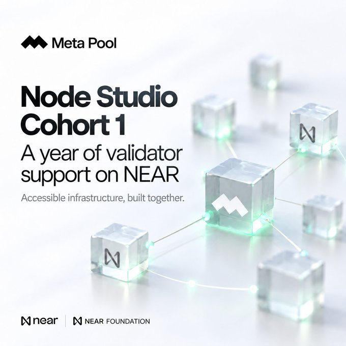 A promotional graphic for 'Meta Pool' announcing 'Node Studio Cohort 1: A year of validator support on NEAR,' featuring interconnected translucent cubes with the NEAR 'N' logo.