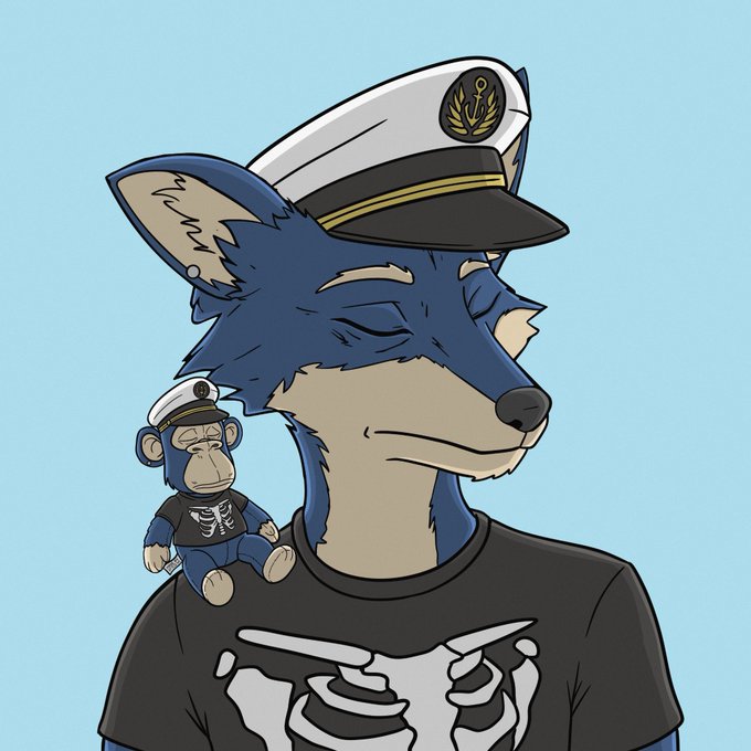 An illustration of a blue canine character wearing a white sailor/captain's hat and a black t-shirt, with a small monkey plushie wearing a matching hat perched on its shoulder.