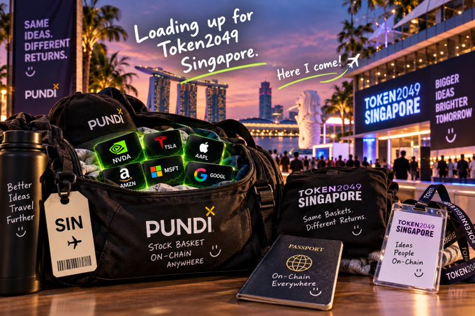 A promotional graphic for TOKEN2049 Singapore featuring a Pundi-branded travel bag filled with tech company logos (NVIDIA, TSLA, AAPL, MSFT, GOOGL, MSFT) alongside a passport, water bottle, and event badge against a Singapore skyline backdrop.