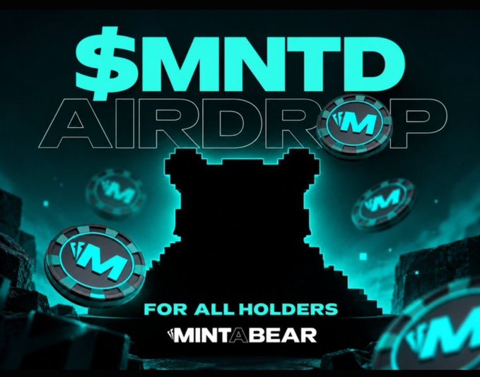 The image promotes the "$MNTD Airdrop" from Mint a Bear/MintB, showcasing a pixelated bear silhouette surrounded by $MNTD tokens with the text "FOR ALL HOLDERS." It visually supports the post's discussion of value-returning features on the PlayOnMant platform by highlighting a token airdrop as one of the potential rewards for holders.