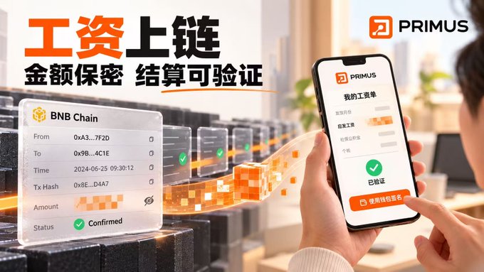 A promotional banner for PRIMUS advertises '工资上链' (Wages on Blockchain) with a BNB Chain transaction display on the left and a smartphone showing a verified wage slip interface being held by a person on the right.