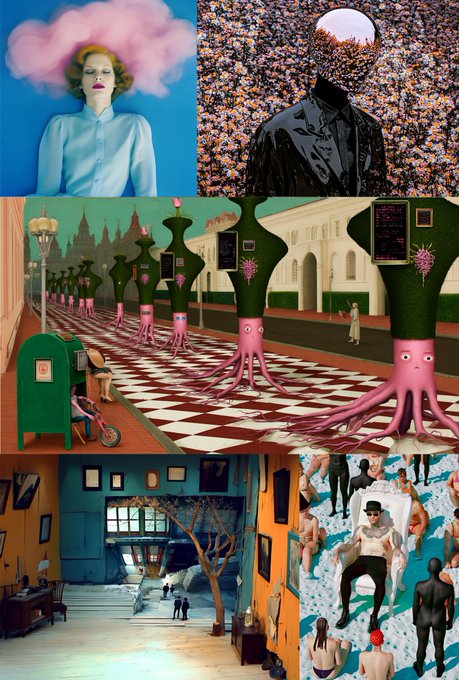 A collage of five surreal artworks, featuring a woman with a pink cloud for hair, a headless figure in a studded jacket, anthropomorphic topiary creatures with tentacles on a checkered street, a floating room interior, and figures around a man seated in an ornate chair. The image showcases a diverse fine art collection being collected on objkt.com, aligning with the post's announcement of five pieces being acquired by a collector.