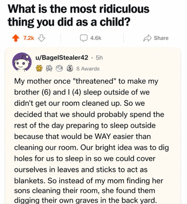 A Reddit post titled 'What is the most ridiculous thing you did as a child?' with 7.2k upvotes, where user u/BagelStealer42 recounts how they dug holes in their backyard to sleep outside as a joke on their mother.