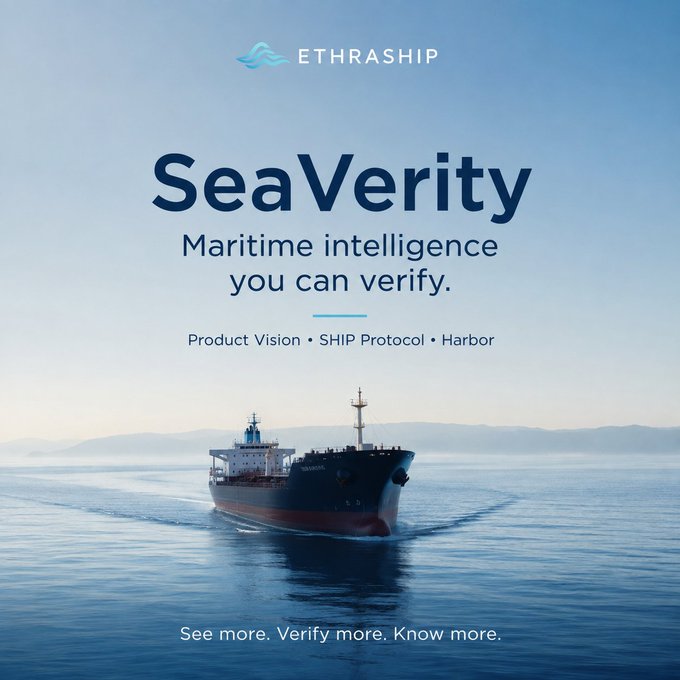 Marketing image for EthraShip's 'SeaVerity' maritime intelligence platform, showing a large cargo ship sailing on calm blue waters with the tagline 'Maritime intelligence you can verify' and 'See more. Verify more. Know more.'