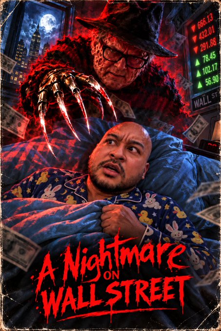 A movie poster for 'A Nightmare on Wall Street' showing a terrified man in bed being menaced by a Freddy Krueger-style villain with bladed claws above him, while stock market numbers drop and dollar bills fly around.