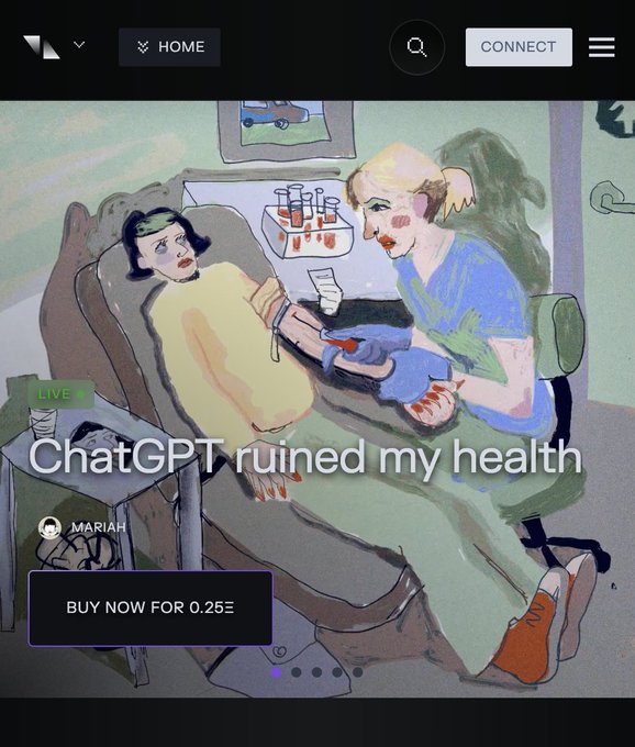 A digital art piece displayed on a website with the headline 'ChatGPT ruined my health' by artist MARIAH, showing an illustrated scene of a person receiving medical treatment, priced at 'BUY NOW FOR 0.25₿'.