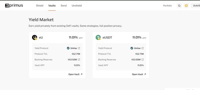 A Primus “Yield Market” webpage lists two Unitas vault assets, “etu” and “eUSDT,” each at “11.01% APY” with “Protocol TVL $52.71M,” “Backing Reserves $53.50M,” and “Vault APY 11.01%.”