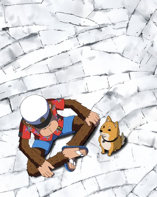 An animated scene shows a man in a red Hawaiian shirt, white captain's hat, and blue shorts sitting on white cobblestones next to a Shiba Inu dog.