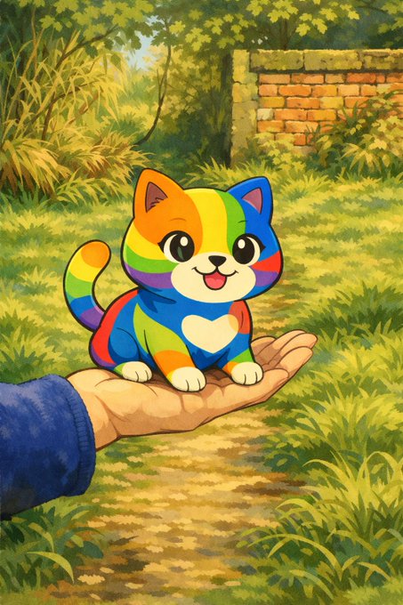 A cute, rainbow-striped cartoon cat with a heart on its chest sits in someone's hand against a grassy outdoor backdrop with a brick wall.
