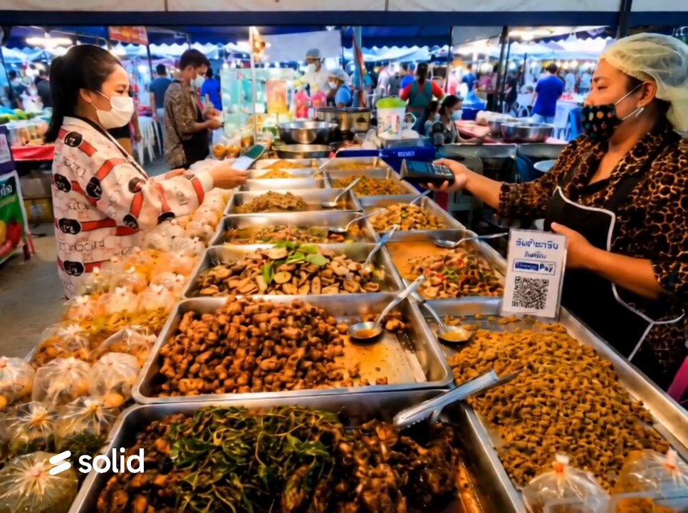 The image shows an outdoor market with several people shopping for food. A woman wearing a face mask is standing behind a table filled with various dishes of food. She is selling food items, including bowls containing different types of food. The other individuals present in the scene are also browsing and purchasing food from the market stalls.