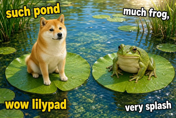 A Shiba Inu dog and a green frog sit on lily pads in a pond, with text in the Doge meme style reading 'such pond', 'much frog,', 'wow lilypad', and 'very splash'.
