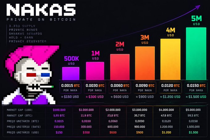 A promotional infographic for NAKAS (PRIVATE ON BITCOIN) showing token supply tiers from 500K to 5M USD, priced in BTC and USD, featuring a pixel-art character with 3D glasses.
